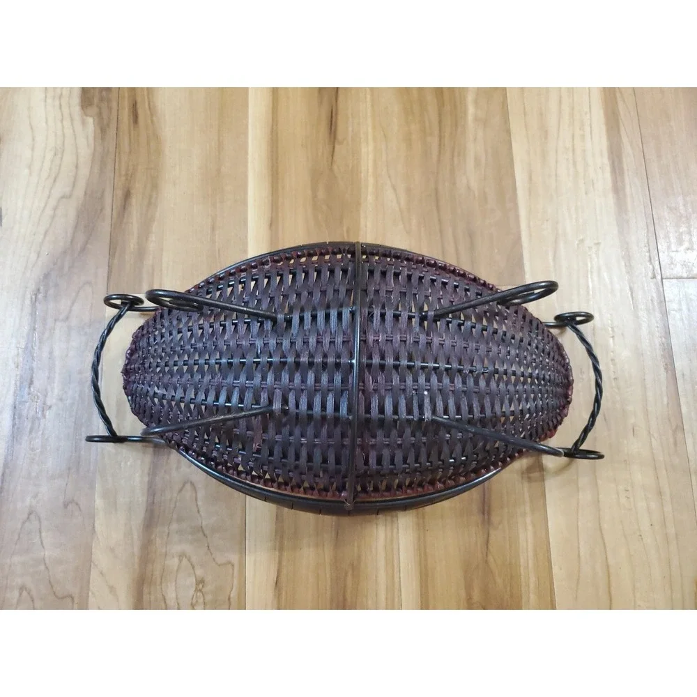 Vtg Mediterranean Style Wicker Metal Banana Basket Brown Black Oval Boho 17 inch
